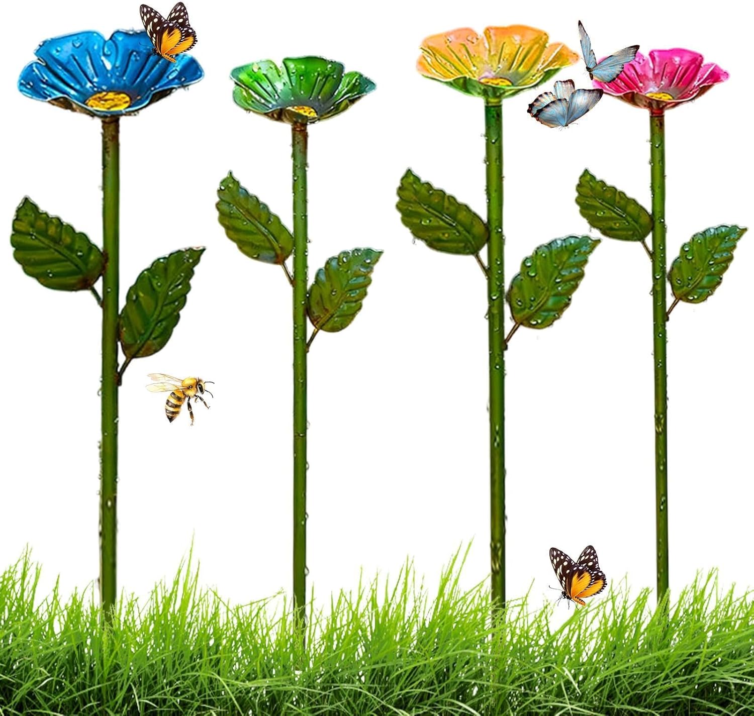 Butterfly Bee Bath Station – Decorative Garden Stakes Set, Multi Color Floral Water Feeder, Durable Metal Craft Build, Easy Install Ground Placement | Perfect for Pathway Yard Nature Habitat Pollinato