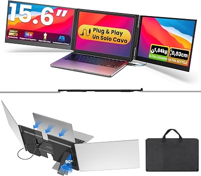 Kwumsy Monitor Portatile 15,6 Pollici – Triplo Schermo per Laptop FHD 1080P IPS, Ultrasottile Monitor Portatile, USB-C Plug & Play con un Solo Cavo, Compatibile Mac/Wins (Fino a 17,3″ Pollici Laptop)