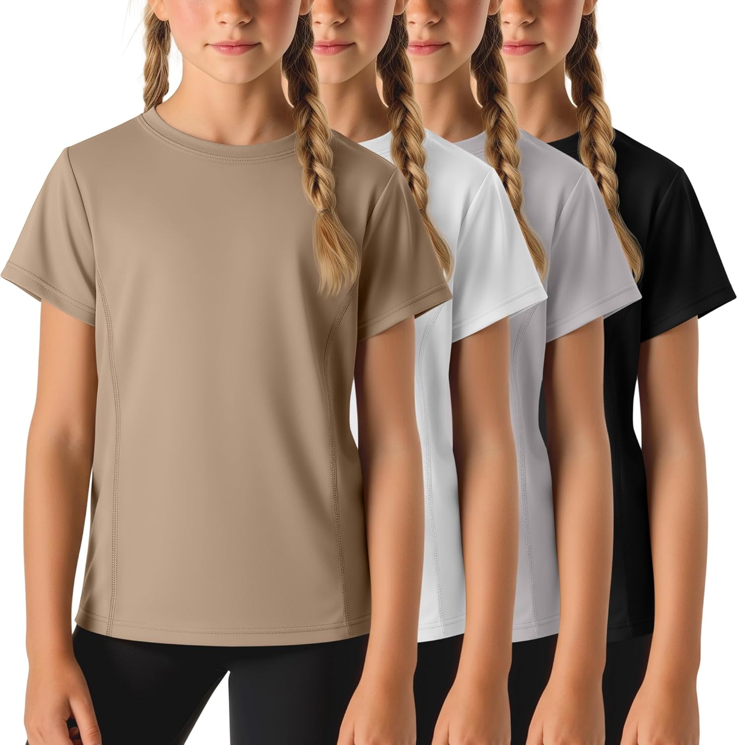 4 Pack Girls' Athletic Shirts Short Sleeve Quick Dry Active T-Shirt Summer Crew Neck Sports Activewear Top for Kids