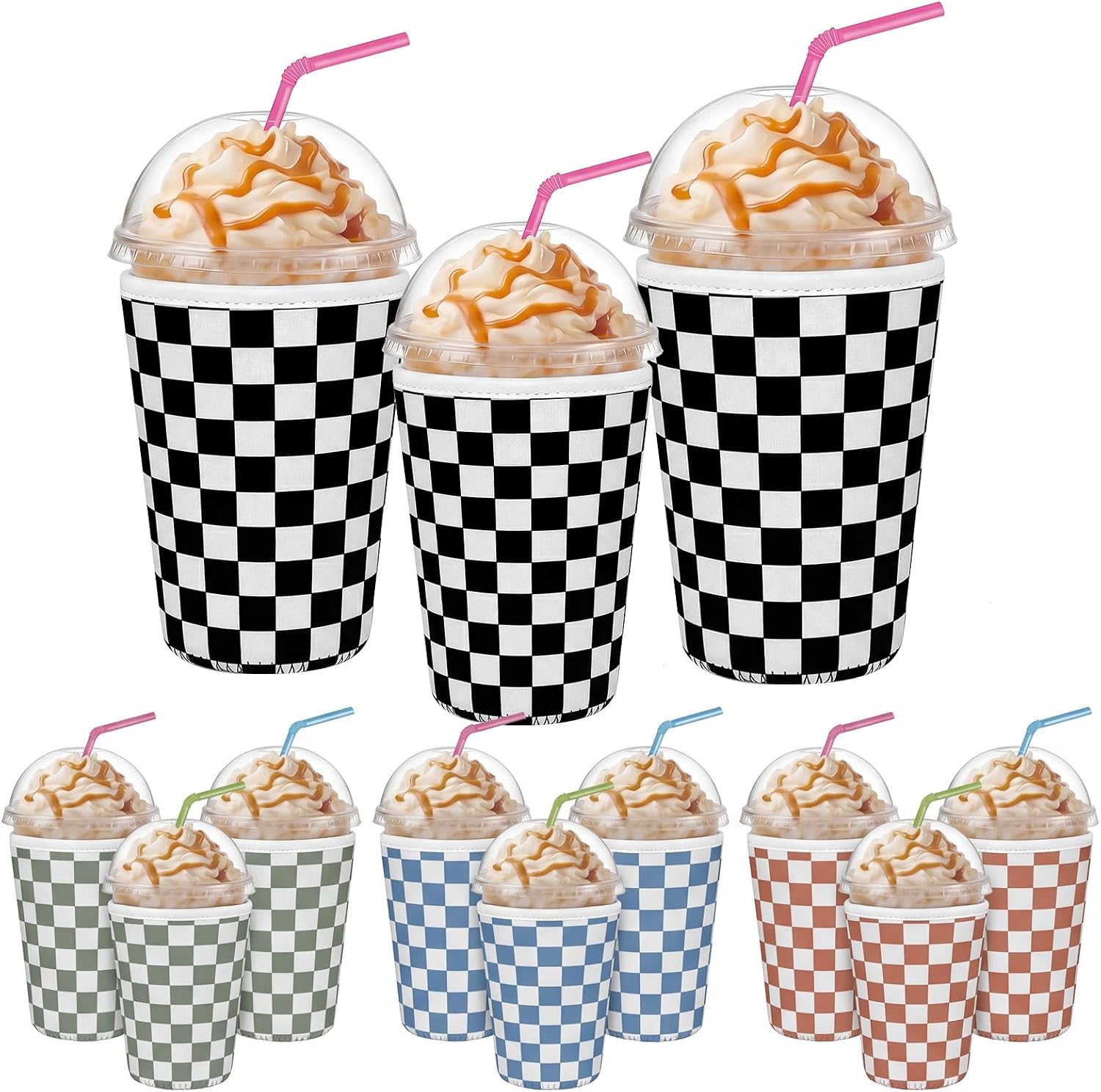 Chengu 12 Pack Reusable Insulated Neoprene Iced Coffee Sleeves 3 Sizes Durable Checkered Cup Sleeves for 16-32 oz Iced Hot Beverages