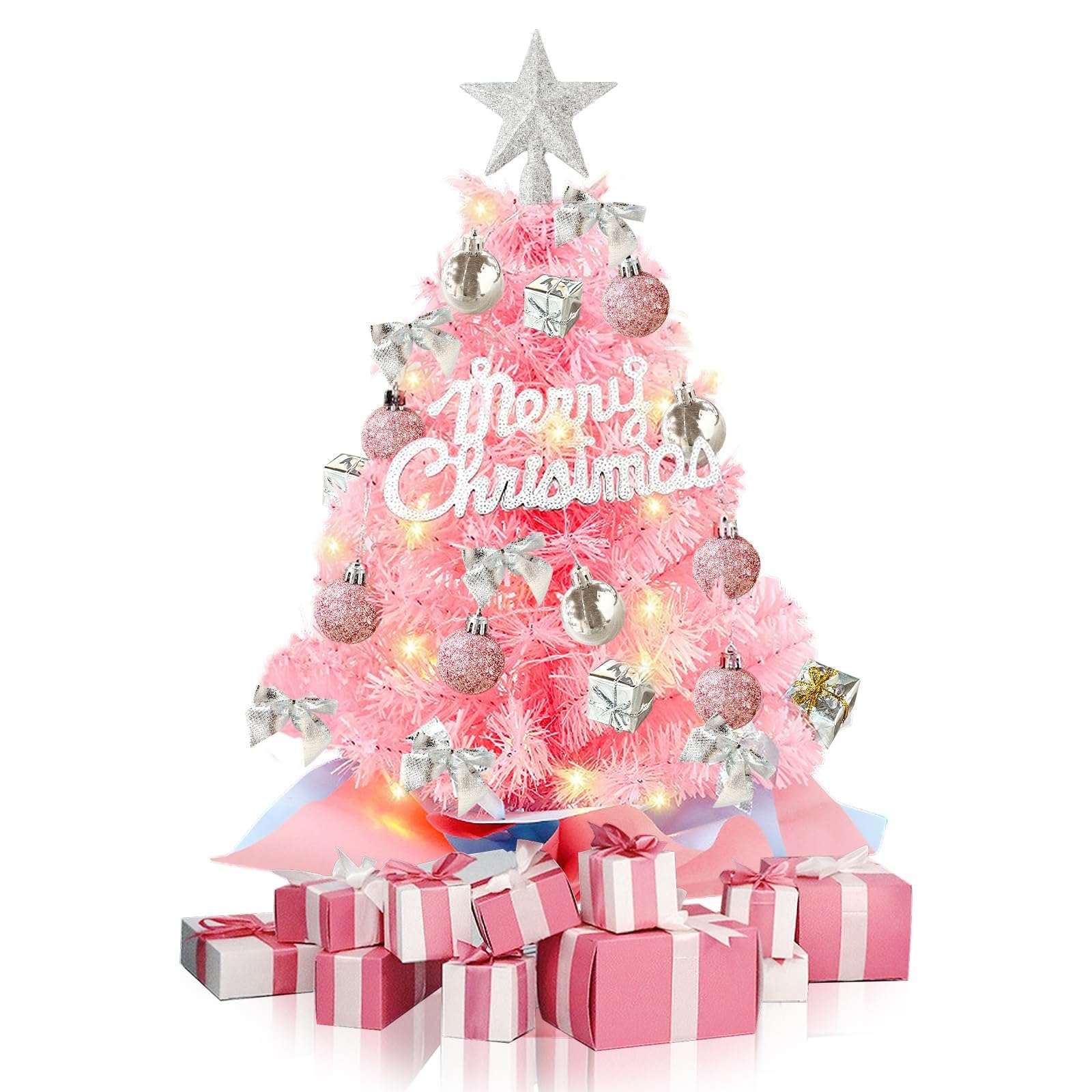 24inch/2ft Mini Christmas Tree，Tabletop Artificial Christmas Tree， with Led String Light，Ornaments，Artificial Xmas Tree for Home Indoor Decor(Pink)
