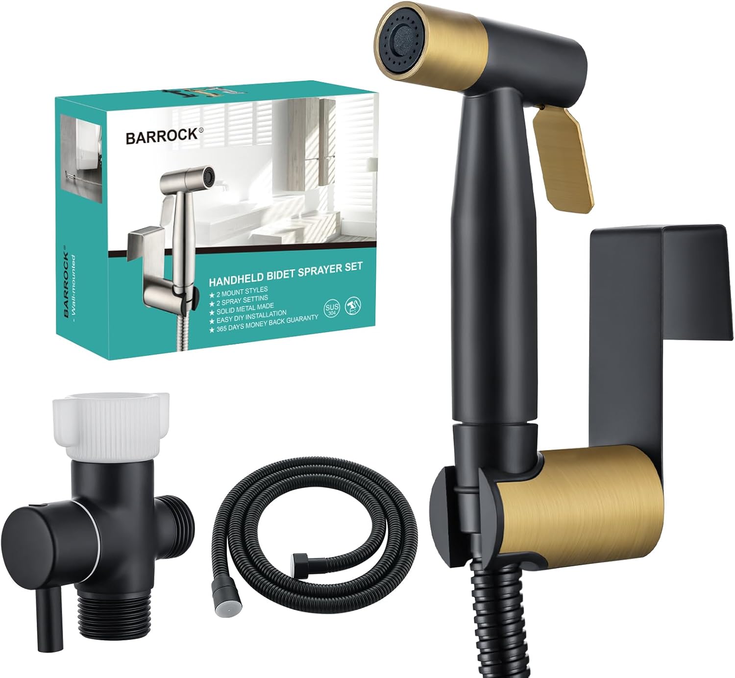 BARROCK Handheld Bidet Sprayer for Toilet, Stainless Steel Metal Made Baby Cloth Diaper Spraying Kit, Bathroom Toilet Bidet Attachment Set for Bathing Pets and Feminine Washing,Matte Black and Gold