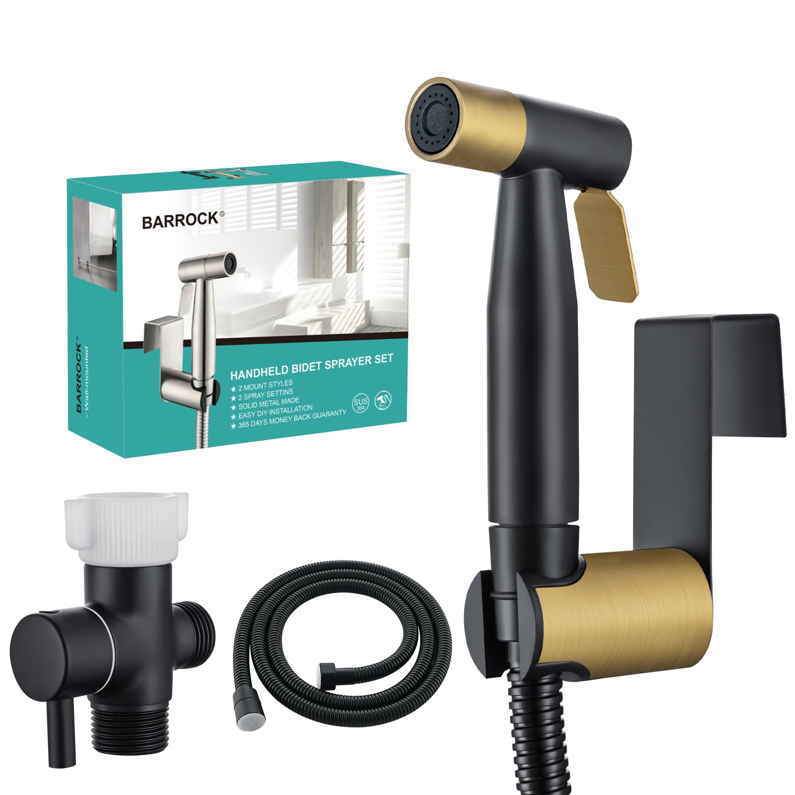 Handheld Bidet Sprayer for Toilet, Stainless Steel Metal Made Baby Cloth Diaper Spraying Kit, Bathroom Toilet Bidet Attachment Set for Bathing Pets and Feminine Washing,Matte Black and Gold