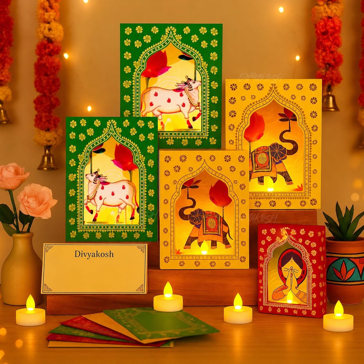 Divyakosh Paper Jharokha Diya Set (Pack of 4) with LED Candles | Wall Decor, Home Décor Item, Ganpati Diwali Decor, Pooja/VaraMahalaxmi Decoration | Stairs Decoration, Easy DIY Craft |