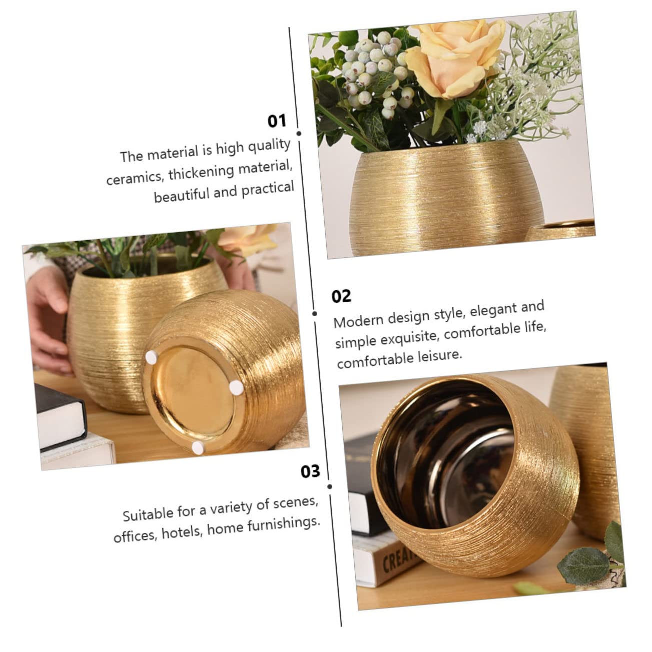 Pot de Fleurs en Céramique Plaqué Or Rond, Respirant et Lumineux, pour Succulentes, Décoration Élégante Maison Bureau