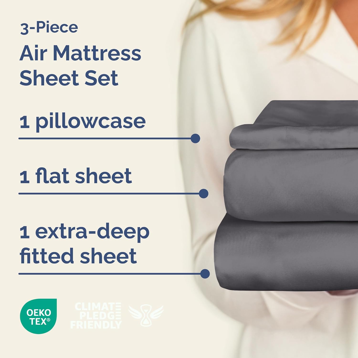 Air Mattress Sheet Set for Twin Size - 3 Piece Breathable & Cooling Sheets w/Extra Deep Pockets - Fits Inflatable & Blow Up Air Mattresses Up to 24 Inches Thick - Soft and Wrinkle Free - Dark Grey