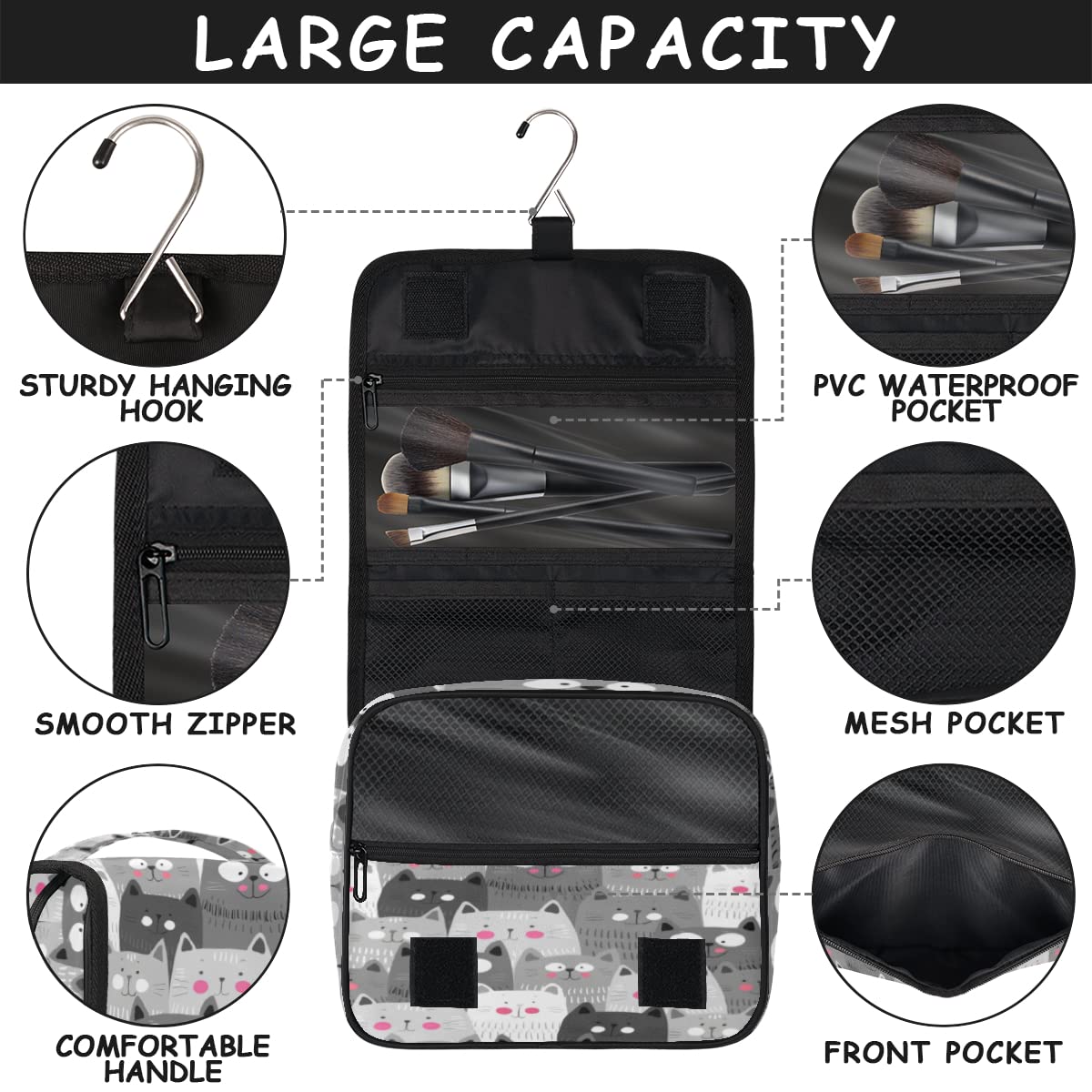 Uroczy kotek Caeroon Podróżna kosmetyczka Zwierzę Mycie Torba Unisex Wiszące przybory toaletowe Kosmetyczka Organizer do makijażu, wielobarwny, Jeden rozmiar