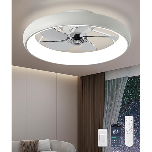Ultra Low Profile Ceiling Fans with Lights and Remote Ultra Quiet 25 dB, 21" Modern Flush Mount Ceiling Fan LED Ceiling Fan Fandelier Ceiling Milky White