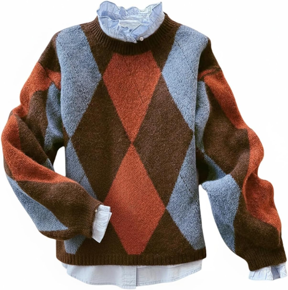 Women's Argyle Plaid Sweater Crew Neck Long Sleeve Knit Vintage Pullovers