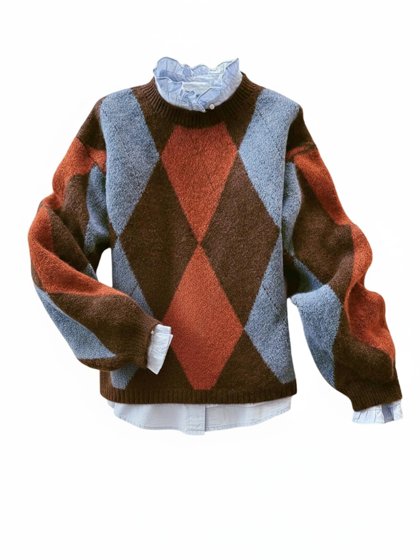 Women's Argyle Plaid Sweater Crew Neck Long Sleeve Knit Vintage Pullovers