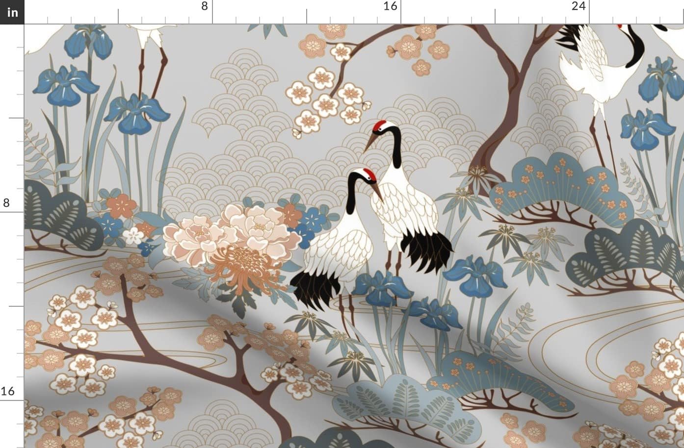 Spoonflower Fabric - Large Scale Japanese Garden Grey Asian Floral Birds Animals Printed on Organic Cotton Sateen Fabric by The Yard - Sewing Quilting Apparel Home Decor