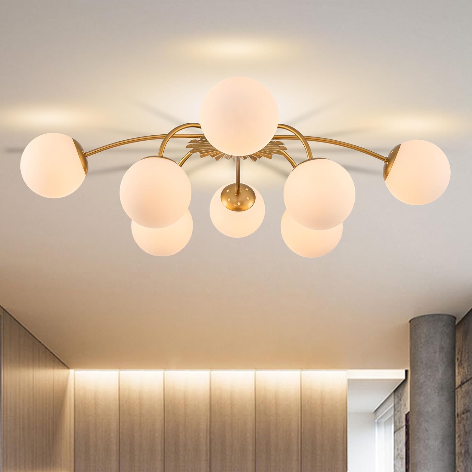 8-Light Gold Sputnik Semi Flush Mount Ceiling Lights, 32.9 in. Mid Century Glass Bubble Sunburst Chandeliers Light Fixture Milk Glass Blossom Accent for Dining Bedroom Entry