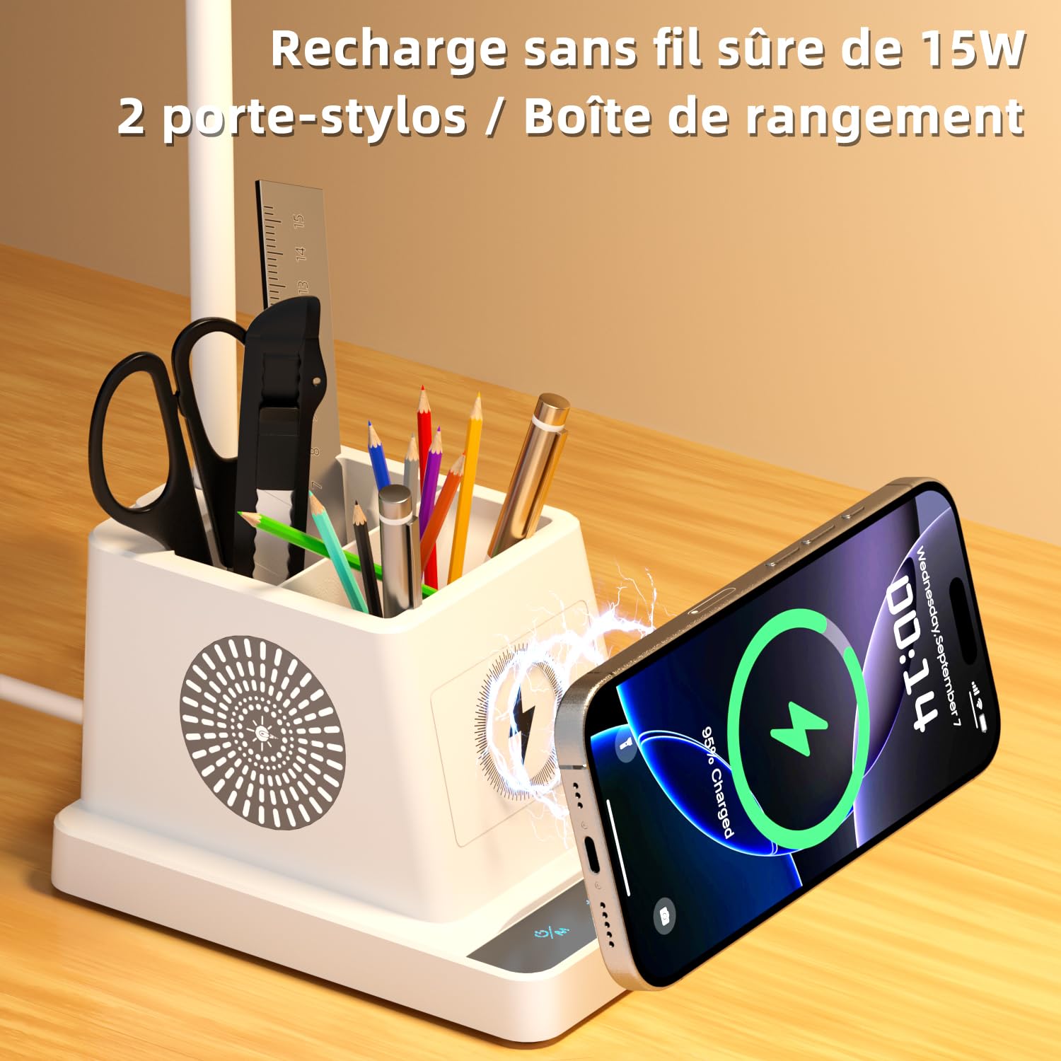 Lampe de Bureau LED 15W avec Charge Sans Fil, Col de Cygne à 360°, Lampe de Chevet Dimmable, 3 Modes de Couleur, 4 Niveaux de Luminosité, pour Bureaux/Chambres à Coucher/Résidences étudiantes (Blanc)