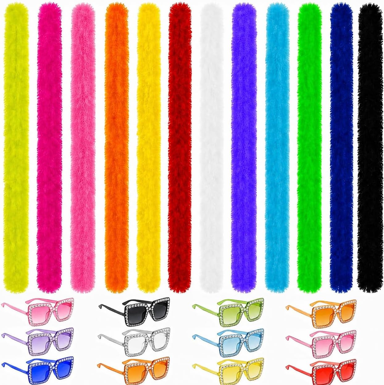12 Set/24 Pack Colorful Feather Boas with Large Square Sunglasses