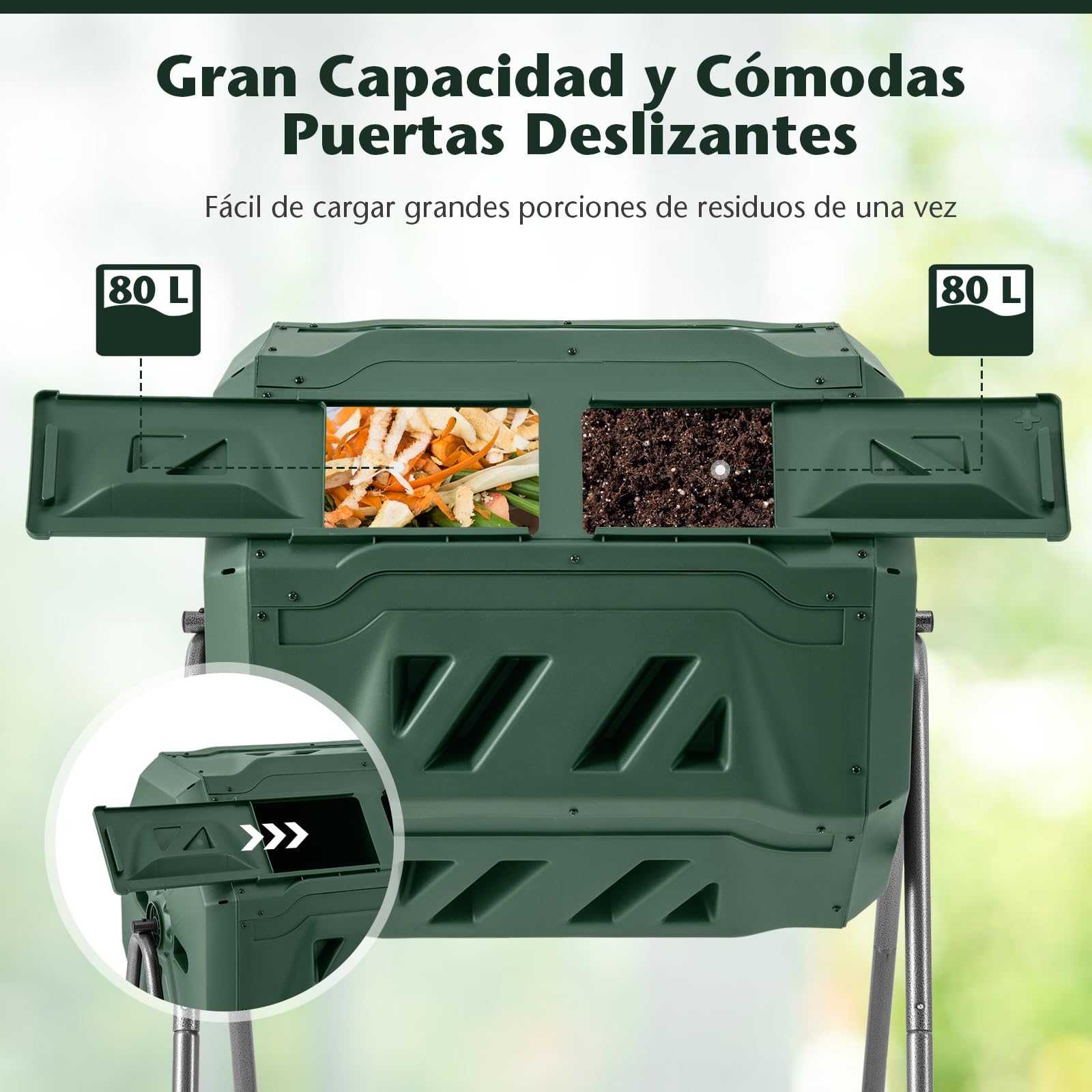 COSTWAY Compostador Jardin Giratorio 360° 160L, Contenedor de Compost, Tambor de Compostaje de Doble Cámara con 2 Puertas Correderas, Marco de Metal Resistente, sin BPA para Desechos de Jardín (Verde)
