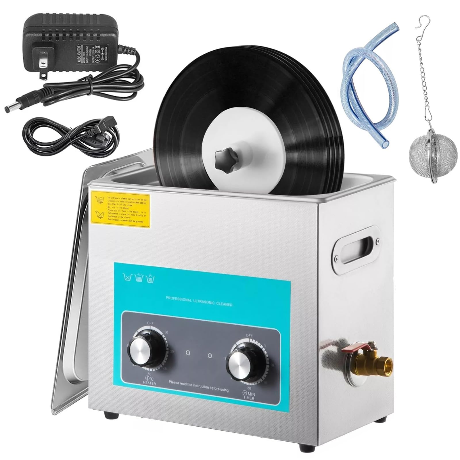 Macchina per la pulizia dei record, sistema professionale di pulizia profonda da 6 litri con timer da 0 ~ 30 min, tecnologia a ultrasuoni 40 kHz, include cestino e palla a maglia fine