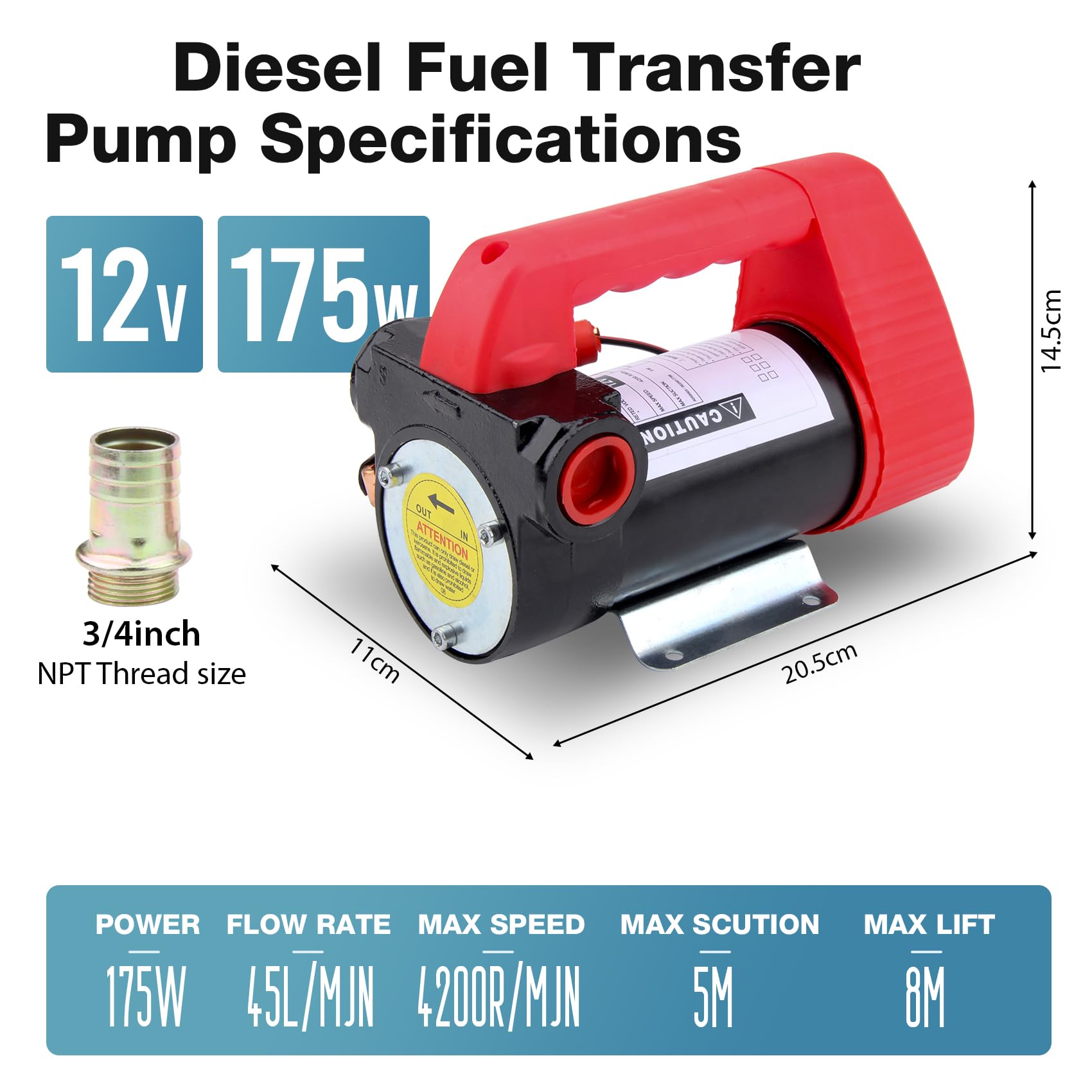 DOCAS 12V 175W Pompa Travaso per Diesel 45L/min, elettrica pompa,pompa di aspirazione dell'olio con Pistola, Filtro e Tubi per Diesel Kerosene