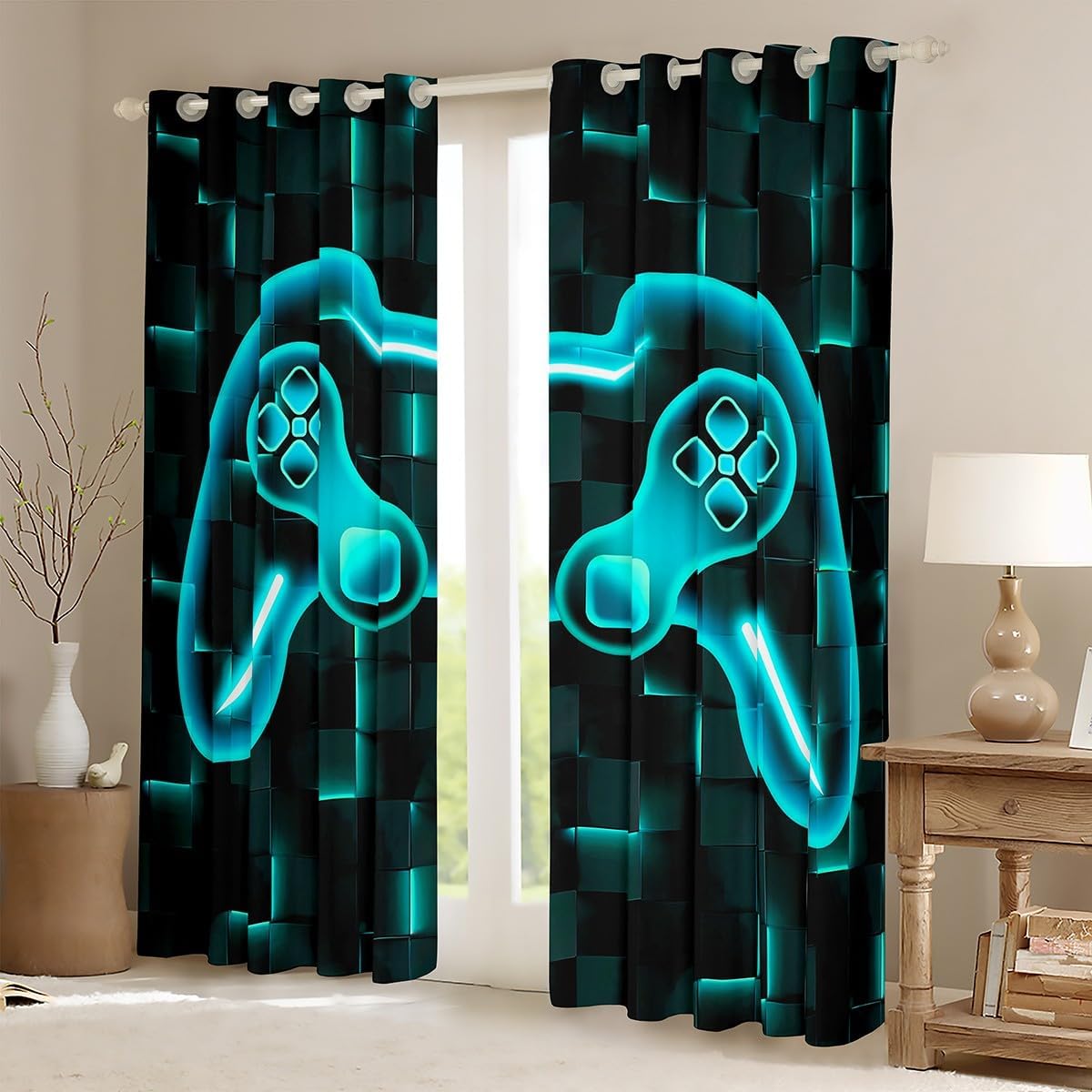 Erosebridal Gaming Boys Curtains for Kids Video Games Window Curtain Geometric Honeycomb Window Treatments Teal Gamepad Bedroom Curtain Gaming Action Buttons Curtains & Drapes,2 Panels 38" Wx45 L