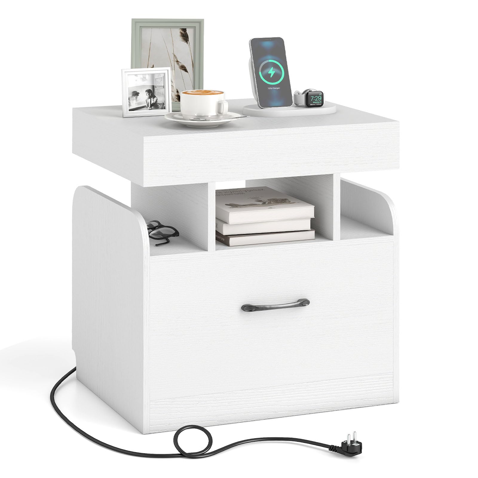 COSTWAY Stolik nocny z 2 gniazdka, 1 USB, 1 Type-C, szufladą i tajną przegródką, 50x40x55 cm biały