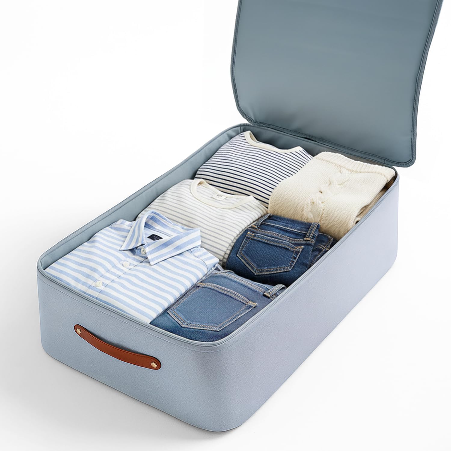 Premium Under Bed Storage – Large Underbed Storage with Lids, All-Side Padded & Fully Lined Inside for Clothes, Bedding, Shoes - Foldable, Double Zippers, Faux Leather Handles, 28x17x8 in, Light Grey