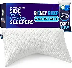 Travesseiro para dormir de lado e de barriga para cima Sidney Sleep, conforto para pescoço e ombro, enchimento de contorno ajustável, enchimento extra incluído, tamanho Queen, branco