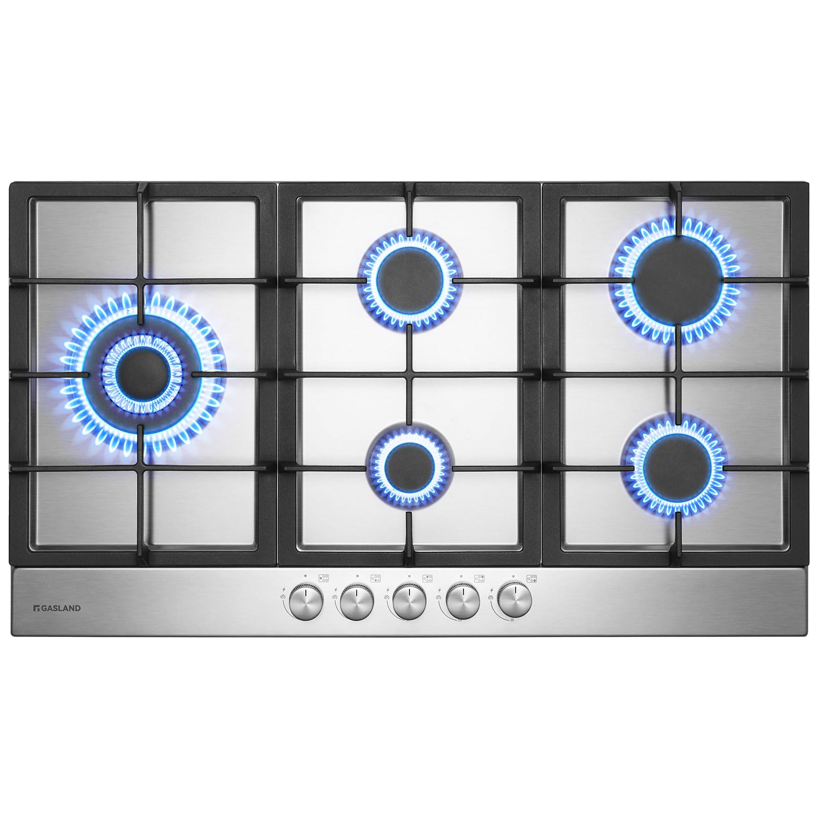 GASLAND GH2905SS1FC Piano cottura a gas da incasso 87 cm in acciaio inox a 5 fuochi, piano cottura a gas da incasso autosufficiente con 2 supporti, con bruciatore wok, GPL/gas naturale, 10400W