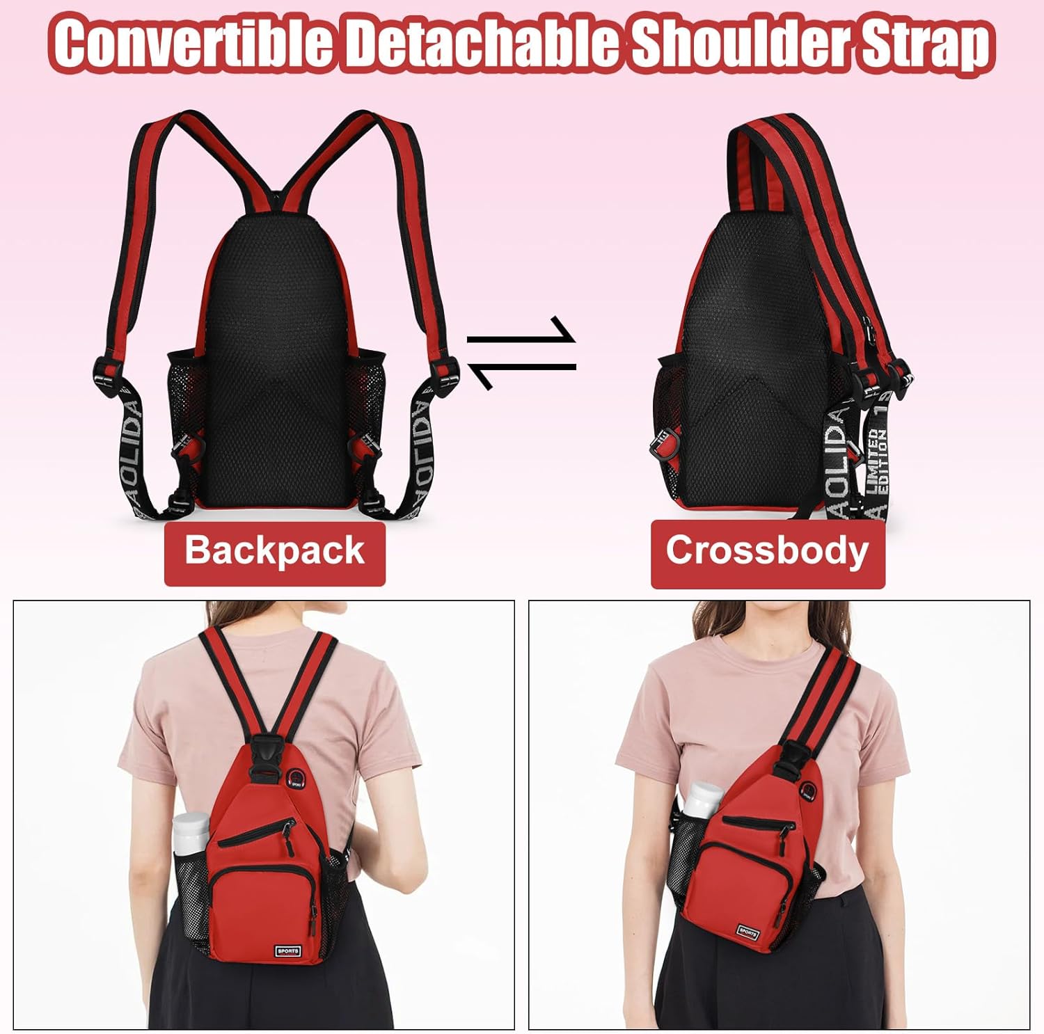 Geestock Convertible Sling Bag for Women Men, 12.6" Mini Sling Backpack Purse with Headphone Hole Fit 7.9" Tablet, Lightweight Casual Crossbody Chest Daypack for Travel, Hiking & Commute, Red - Image 3