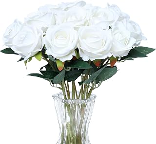 SITUMEIZI 15PCS White Artificial Roses Silk Flowers Fake Roses Realistic Bouquet Long Stem with Gift Box for Mother's Gift Day Home Party Wedding Decorations