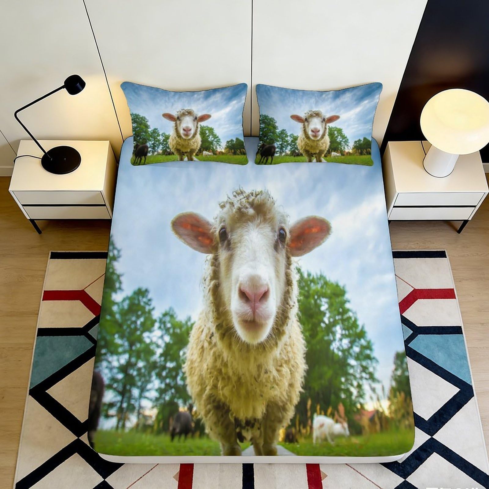 3D Printed Sheep Pattern Fitted Sheet Microfiber Soft Breathable Sheep Face Bed Cover for Bedroom Dormitory Guest Room Mattress Protection Decor 200x200x25cm