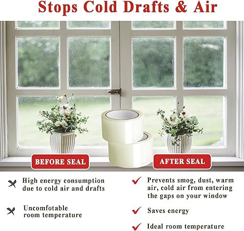 Miniatura 4 de Sello transparente para ventana, 2 pulgadas x 29.5 pies, kit de sellado de ventana de CA de invierno sin ensuciar, cinta aislante de CA para ventana