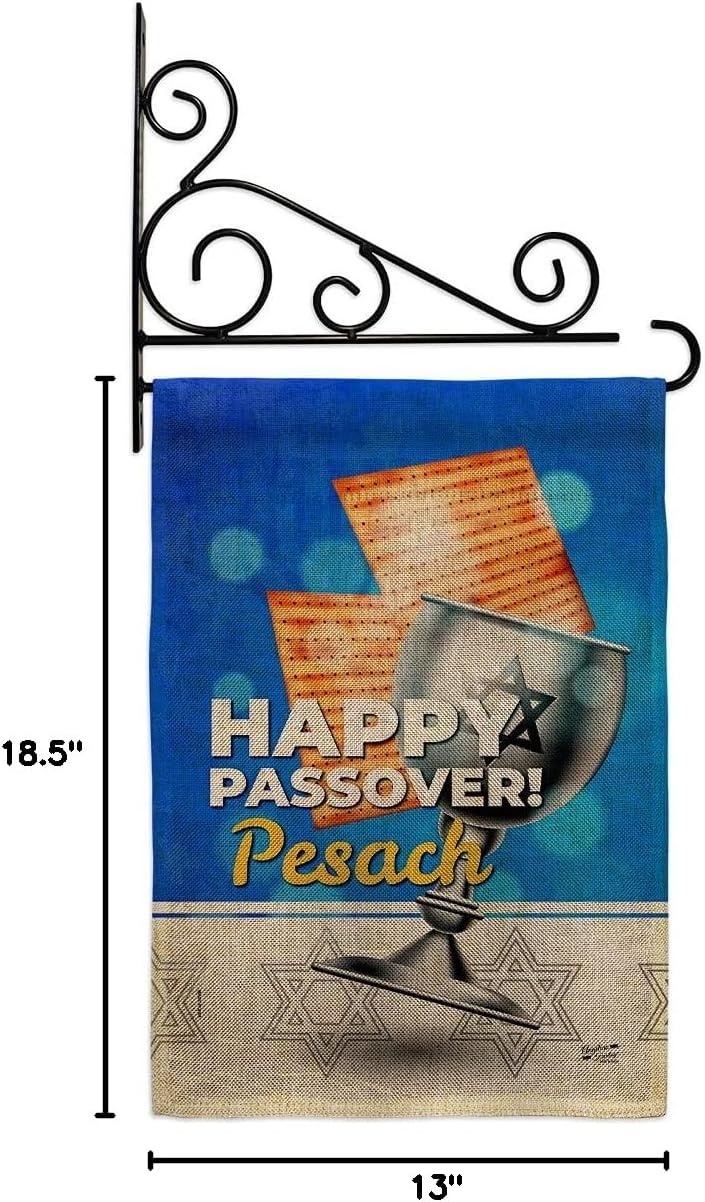 Happy Passover Pesach Burlap Garden Flag Set Wall Holder Religious Wine Celebration Festival Holiday Jewish Hanukkah David Small Decorative Gift Yard House Banner Double-Sided Made In USA 13 X 18.5