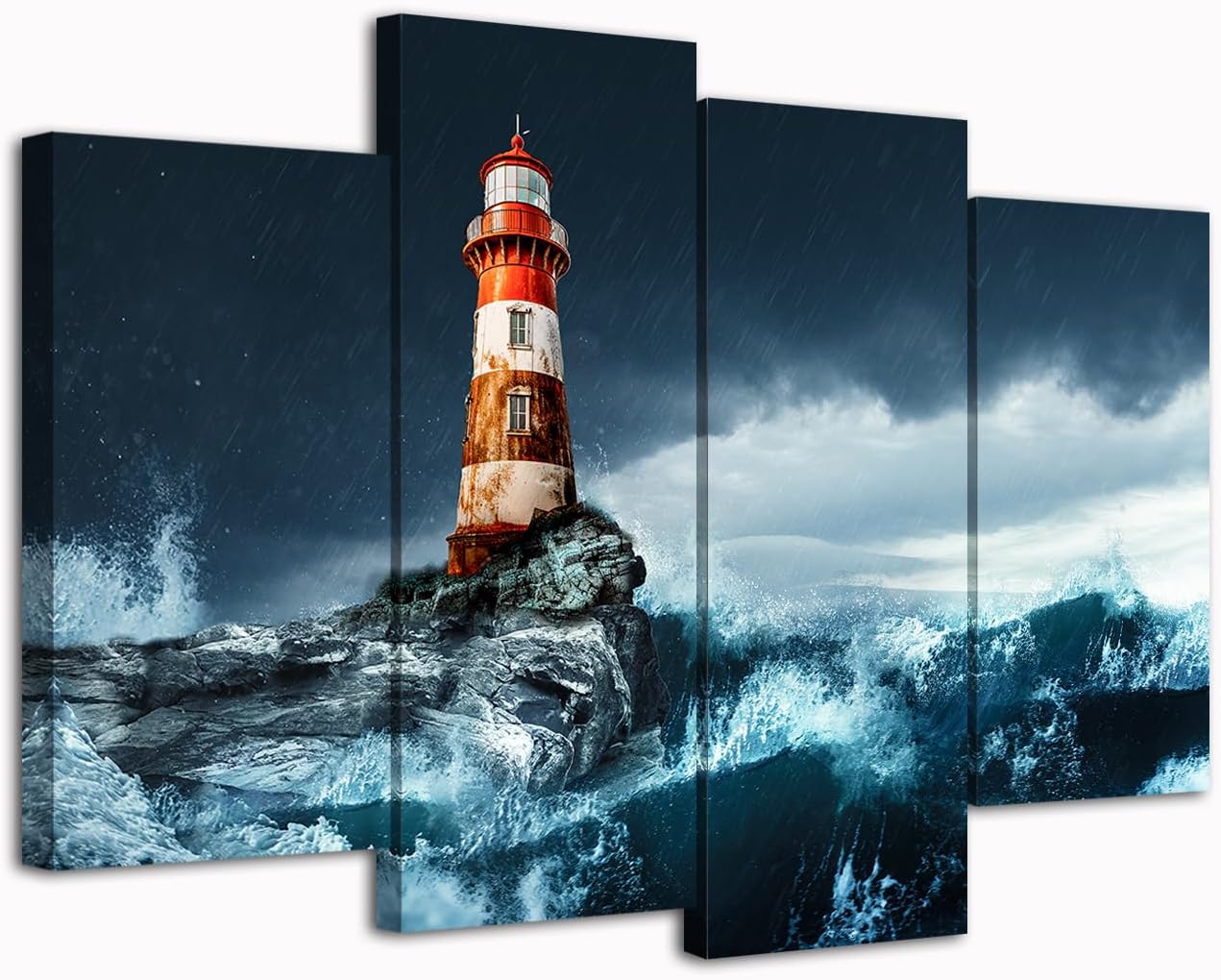 NutArtPic Lighthouse Canvas Wall Art Stormy Lighthouse Painting Storm Seascape Pictures On Canvas Artwork For Home Wall Decorations Framed 48''x32''