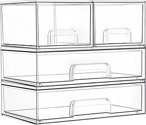 Vtopmart Stackable Storage Drawers Set of 4, Clear Plastic Organizer Bins for Bathroom Supplies,Ideal for Cabinet,Pantry,Laundry Room Organization