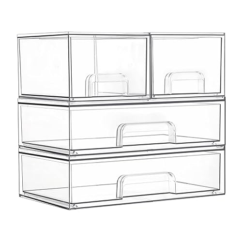 Stackable Storage Drawers Set of 4, Clear Plastic Organizer Bins