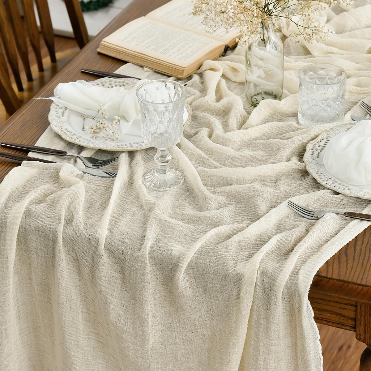 Photo 1 of Artoid Mode Boho Cheesecloth Gauze Beige Wedding Table Runner, 160 Inch Seasonal Fabric Kitchen Dining Holiday Table Decor for Home Party Indoor