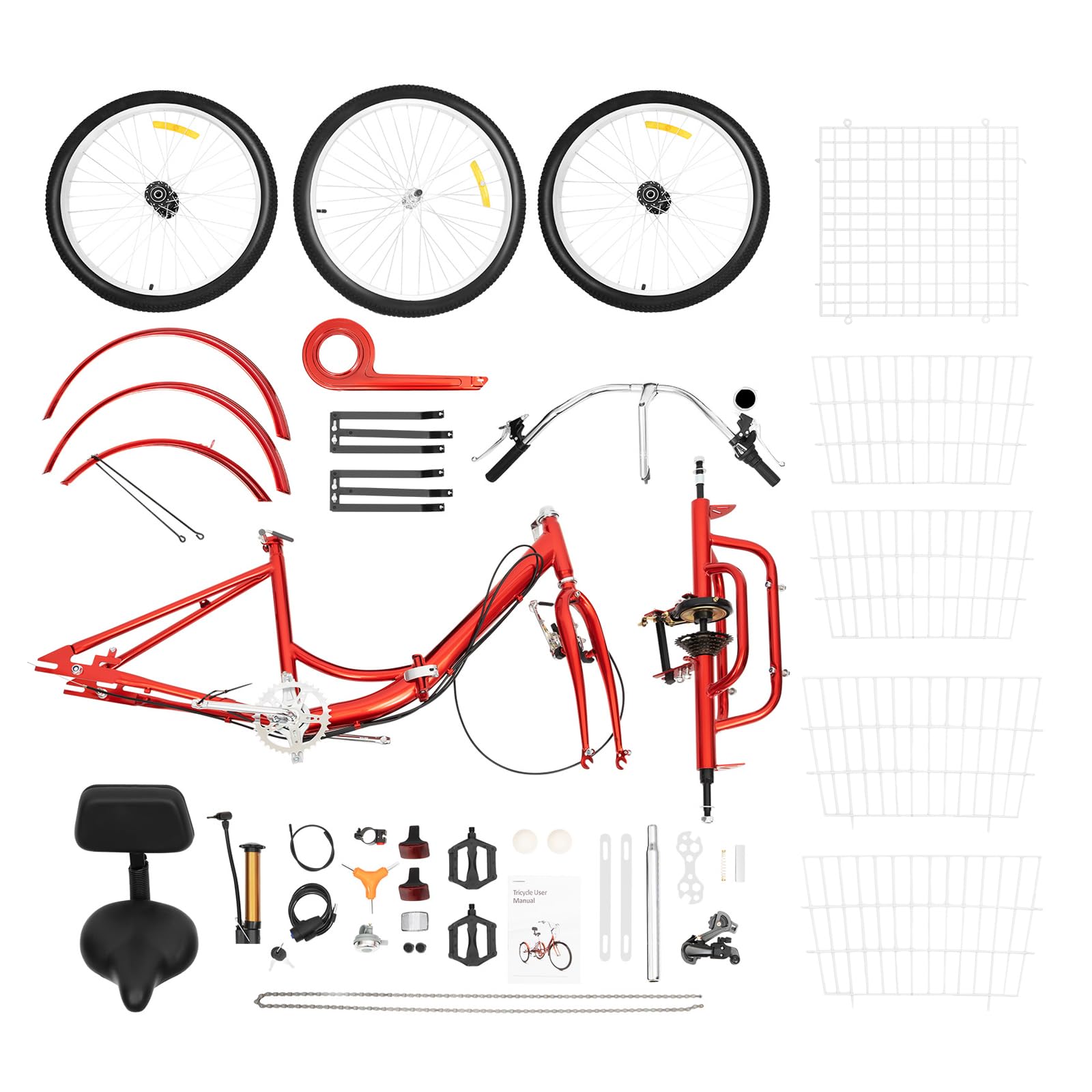 Tricycle pliable 24 pouces pour adulte - Vélo 3 roues et 7 vitesses - Avec panier de courses - Rouge