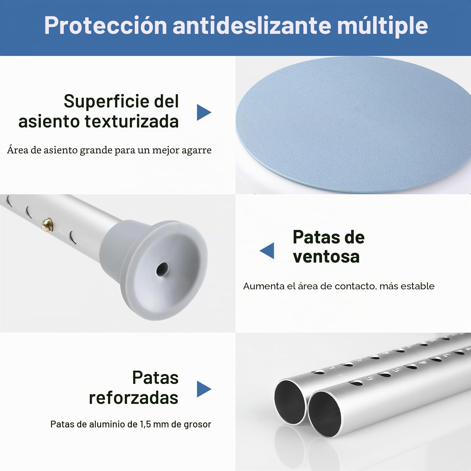 Taburete Baño Redondo Giratorio 360°, Taburete Ducha Patas Antideslizante Carga de 136 kg, Regulable en Altura 36-52 cm, para discapacitados o Ancianos, Montaje Sin Herramientas
