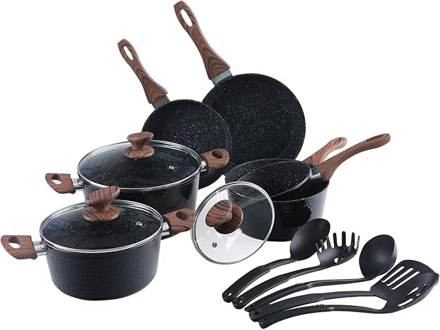 Kitchen Academy 15 Pieces Nonstick Granite-Coated Induction Cookware Set, Non-Stick Induction Pot and Pan Set, Cooking Pots Set, Frying Pan Set - Aluminium Hammered Black