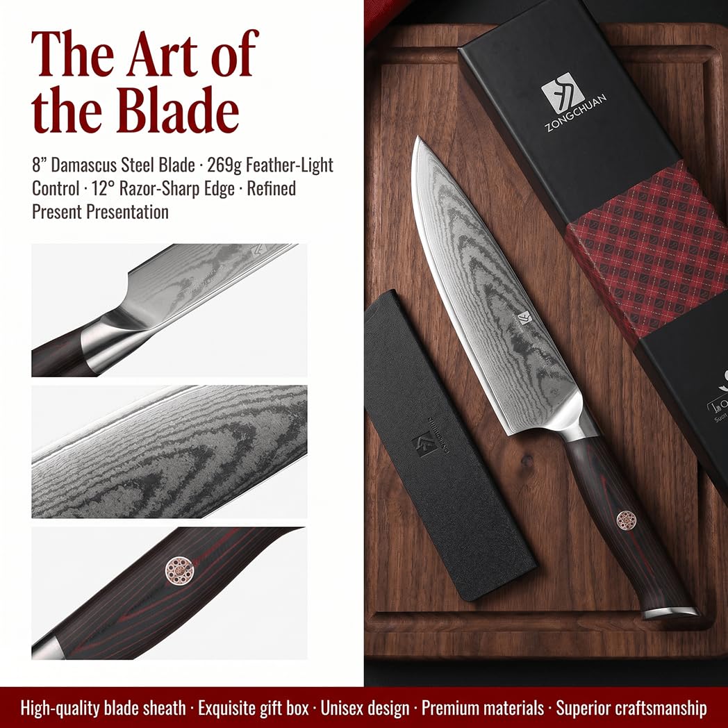 8-Inch Damascus Chef Knife, 67-Layer High Carbon Stainless Steel Kitchen Knife with Ergonomic Red Black G10 Handle, Protective Sheath & Gift Box for Home and Professional Cooking — Amazon image 4