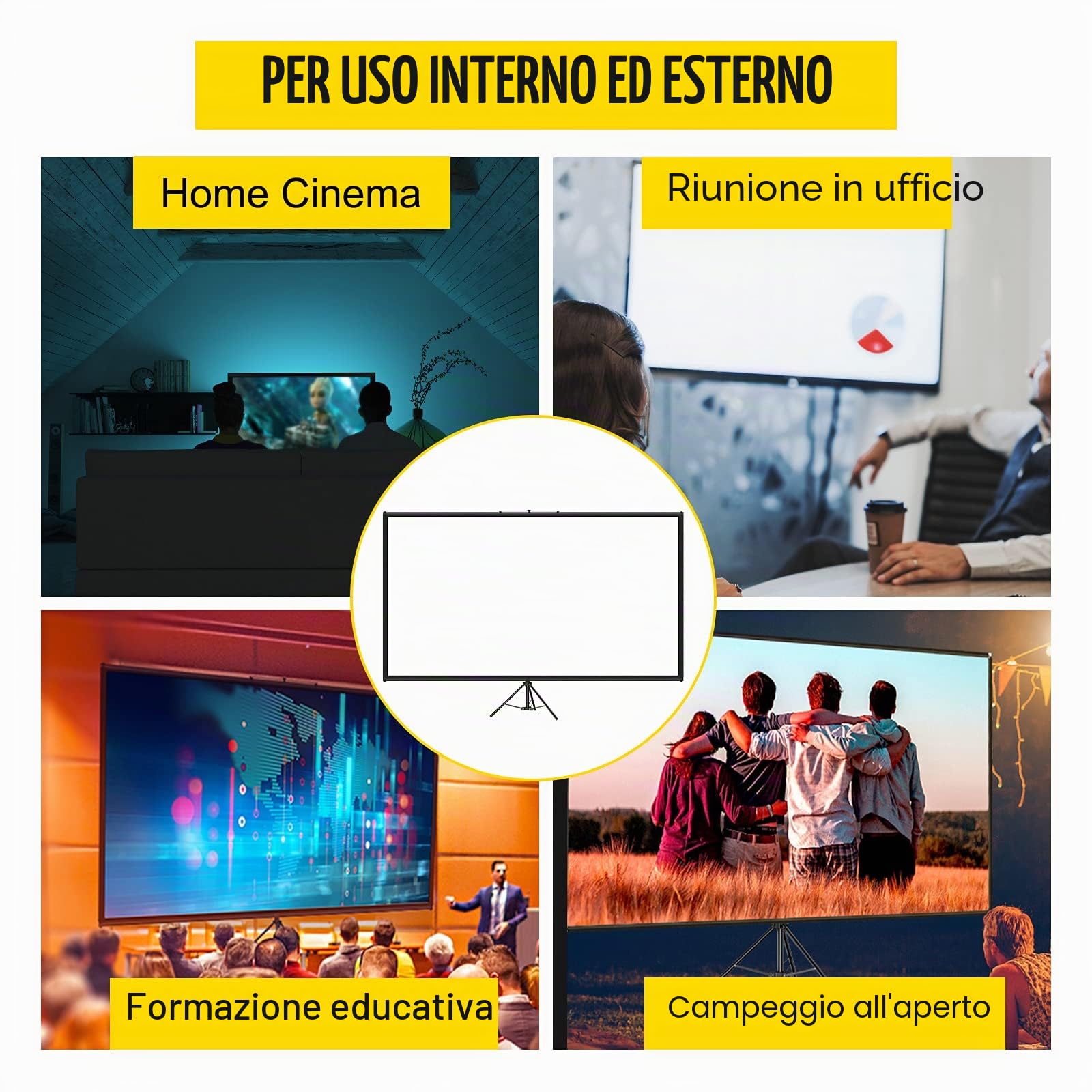VEVOR Schermo per proiettore treppiede con supporto 110pollici 16:9HD supporto per schermo di proiezione in altezza regolabile schermo per proiettori interni ed esterni per film,giochi,ufficio