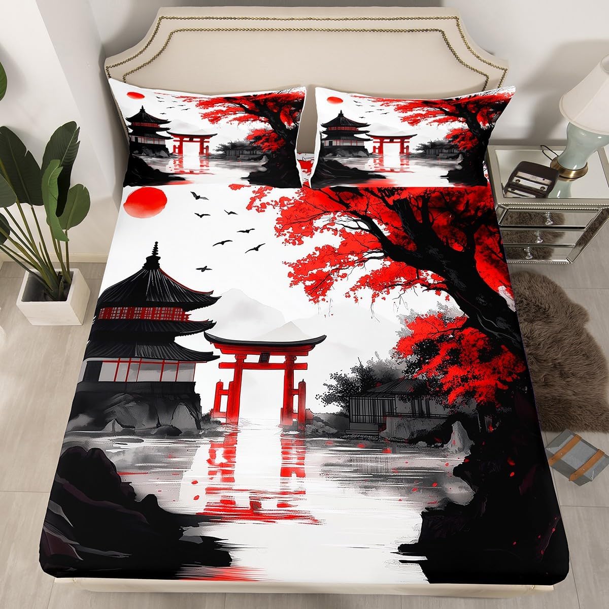 Erosebridal Japanese Bed Sheets Full Sun Cherry Blossom Fitted Sheet for Teen Girls Women Watercolor Black Red Pavilions Mountain Sakura Floral Bedding Asian Chinese Ink Anime Fitted Bed Sheets