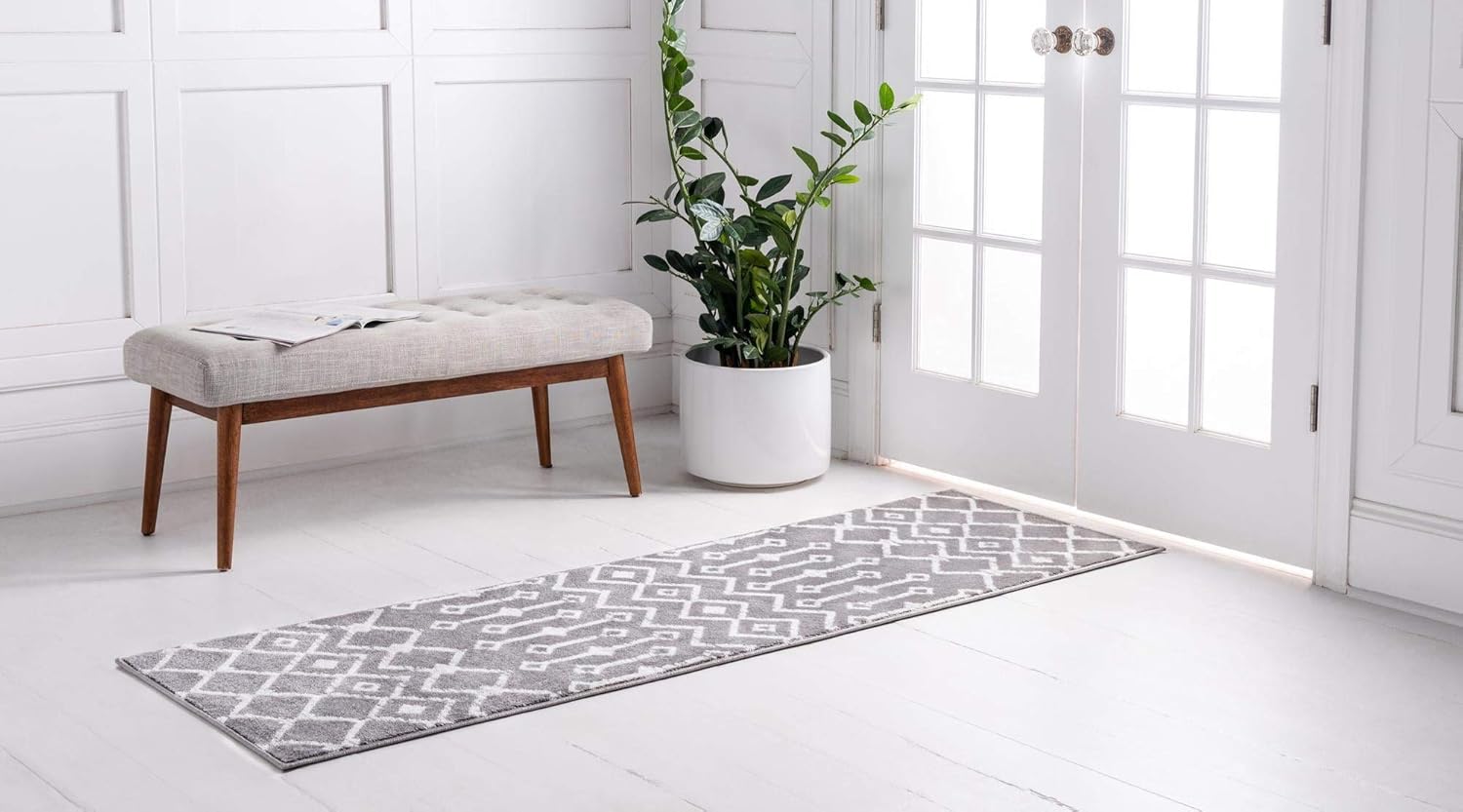 Rugs.com Geometric Kasbah Trellis Collection Rug – 2' X 6' Runner Light Gray Low Pile Rug Perfect for Living Rooms, Large Dining Rooms, Open Floorplans