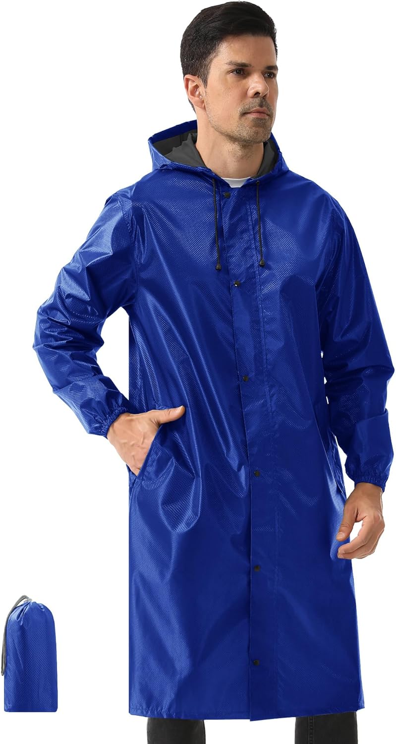 iCreek Men’s Long Rain Coat Hooded Packable Waterproof Lightweight Outdoor Rain Jacket Trench Coats Windbreaker