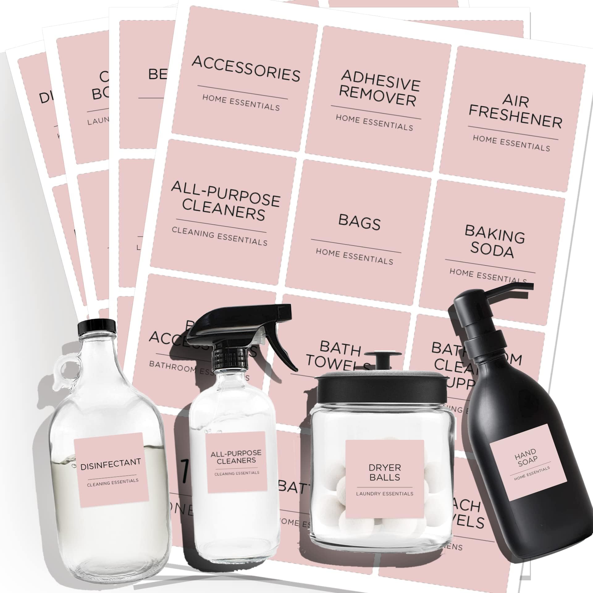 144 PCS Minimalist Laundry Room Labels Set, v2croft Water Resistant Stickers,Water/Oil Resistant Stickers for Laundry Room, Linen Closet Home Bathroom and The Beauty Organization（Light Pink