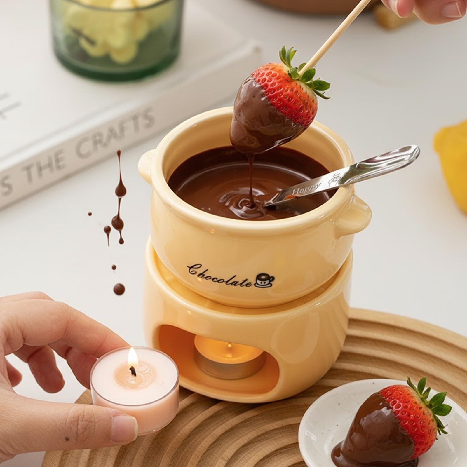 Taza de fondue de chocolate, taza de fondue, mini fondue de chocolate con 4 tenedores para fondue de porcelana, juego de fondue de chocolate adecuado para derretir chocolate y combina
