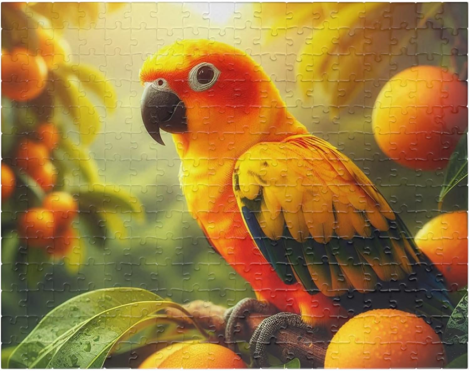 Sun Conure Jigsaw Puzzle Made in USA – Glowing Orange and Yellow Bird in Tropical Fruit Tree