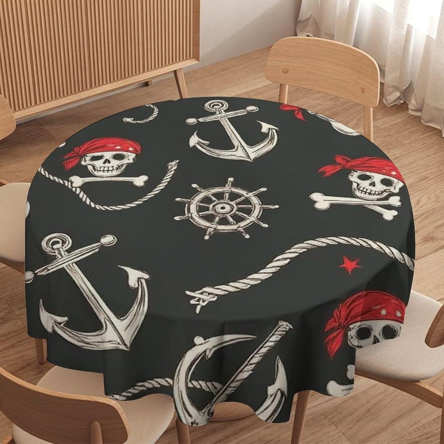 Nautical Anchor Pirate Skulls Crossbones Polyester Table Cloth for Parties Tablecloth Wrinkle Free Dining Table Cover Waterproof Round Tablecloth