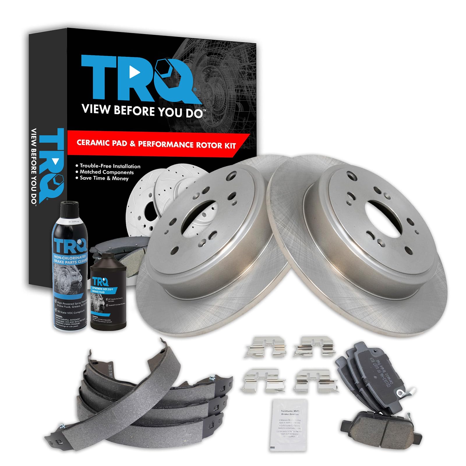 TRQ Rear Brake Pad &amp; Rotor Kit, with Chemical Kit Parking Brake Shoe Set Ceramic Compatible with 2006-2014 Honda Ridgeline