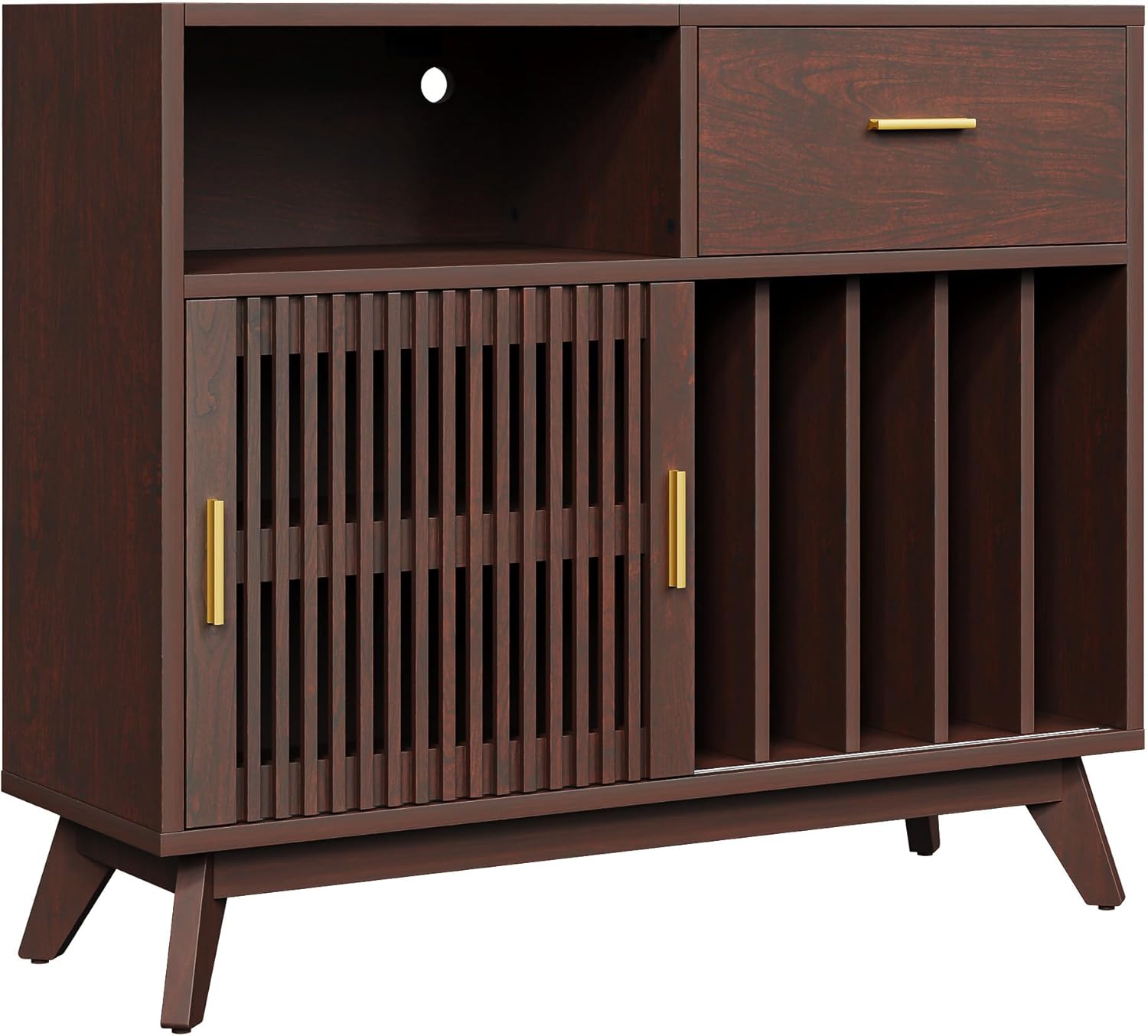 IRONCK Storage Cabinet with Drawer, Coffee Bar Cabinet with Sliding Door, Kitchen Cabinet with Shelves & Flip-Top, Mid-Century Modern Buffet Sideboard Cabinet for Living Room, Dining Room, Red Walnut