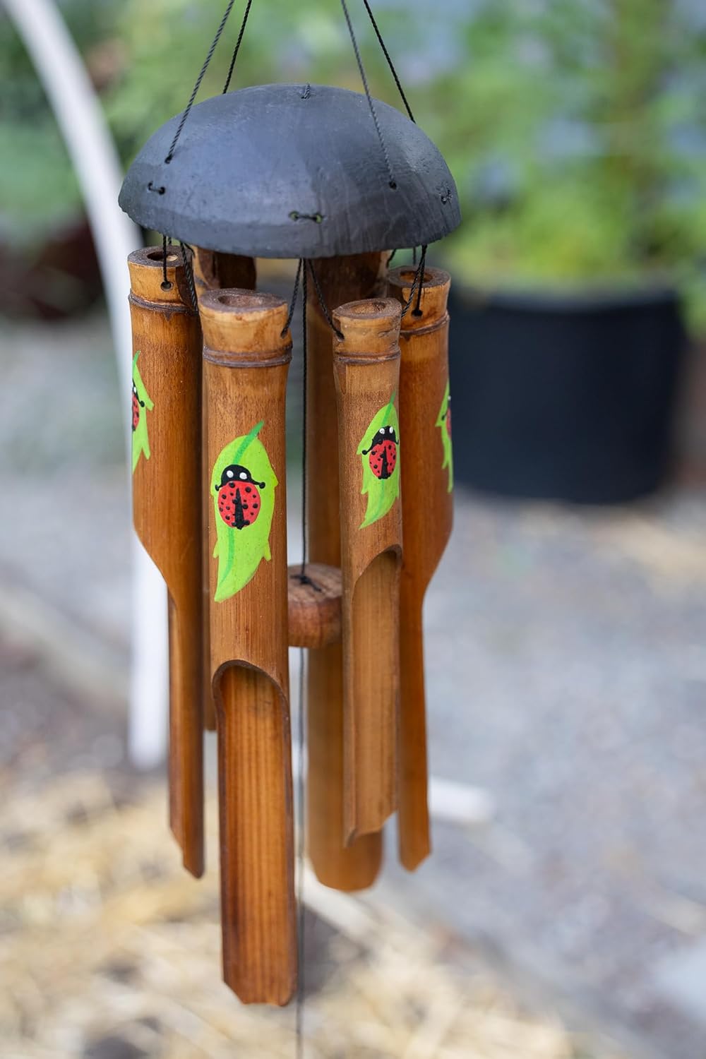 Cohasset Gifts Bamboo Wind Chime | #204 | Lady Bug Simple Bamboo Wind Chime | Wood, Outdoor, Home Décor for Decks, Garden, Porch | Small | Hand Painted Red Lady Bug |